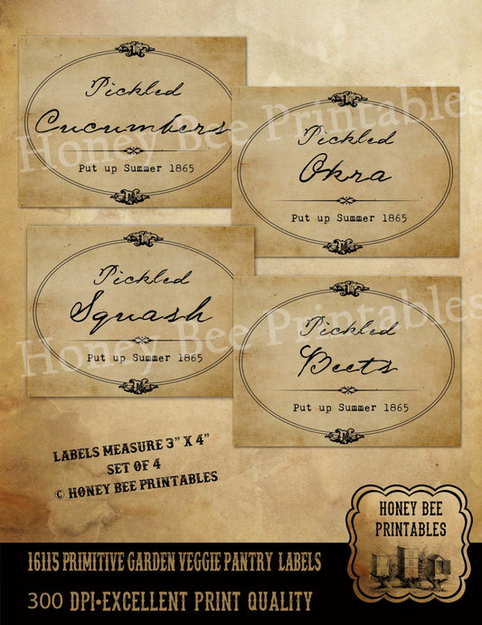 Primitive Early Days Garden Vegetable Kitchen - Farmhouse Pantry Labels - Instant Download - JPEG - You Print Set #1