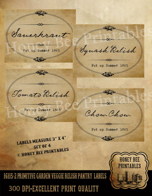Primitive Early Days Garden Vegetable Kitchen - Farmhouse Pantry Labels - Instant Download - JPEG - You Print Set #2