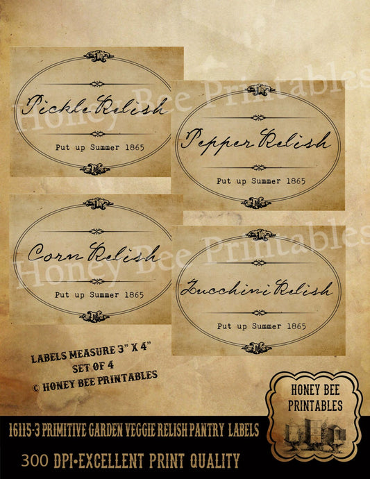 Primitive Early Days Garden Vegetable Kitchen - Farmhouse Pantry Labels - Instant Download - JPEG - You Print Set #3
