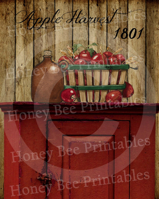 Primitive Autumn Fall Apple Harvest Basket Jug Crock- 8x10 Instant Folk Art - Card Making -  Instant Download - JPEG - U Print