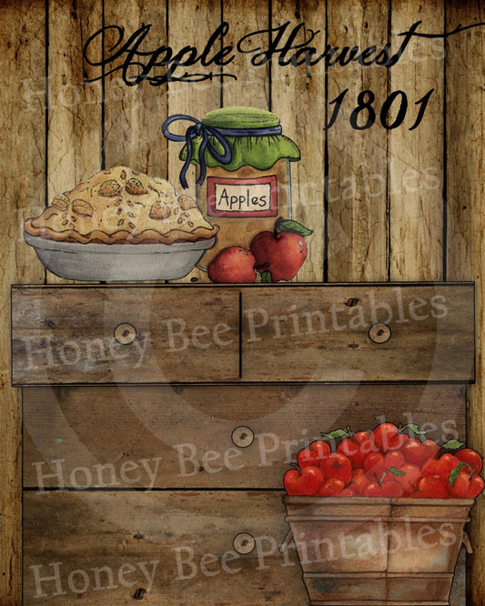 Primitive Autumn Fall Apple Harvest Basket Pie Jelly #2- 8x10 Instant Folk Art - Card Making -  Instant Download - JPEG - U Print
