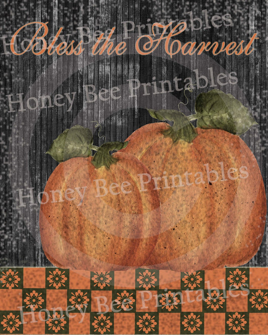 Primitive Autumn Fall Pumpkins Bless the Harvest - 8x10 Instant Folk Art - Card Making -  Instant Download - JPEG - U Print