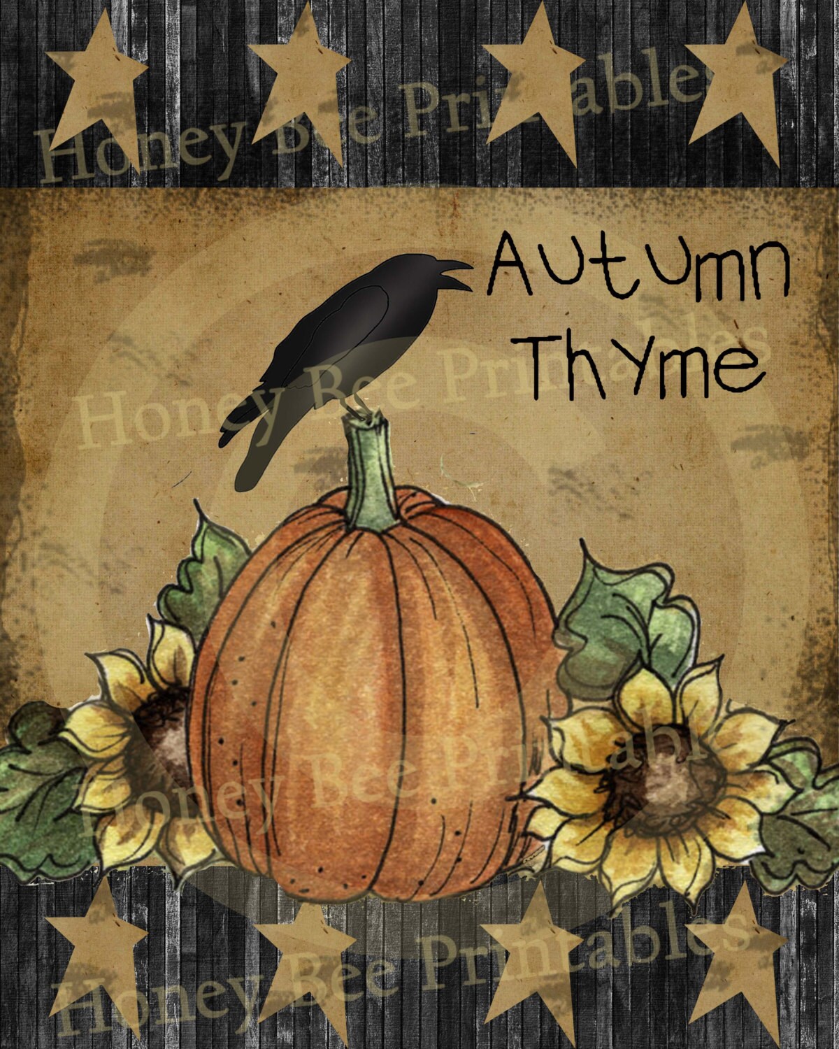 Primitive Autumn Thyme Sunflowers Pumpkin - 8x10 Instant Folk Art- Card Making -  Instant Download - JPEG - U Print Use 4 Labels - Hang Tags