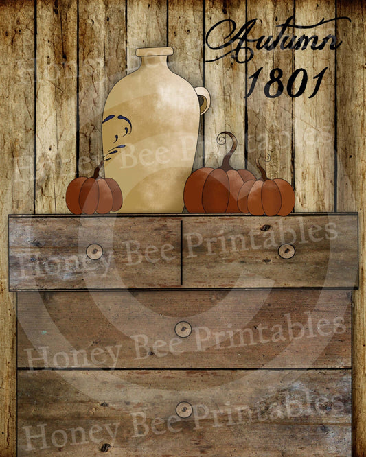 Primitive Autumn Fall Crocks Pumpkins - 8x10 Instant Folk Art - Card Making -  Instant Download - JPEG - U Print