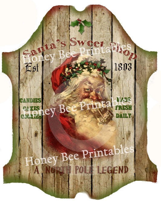 Primitive Christmas Santa Sweet Shop Printable Digital Feedsack Logo JPEG File Instant Download - Labels Prints Cards Tags Tavern Signs