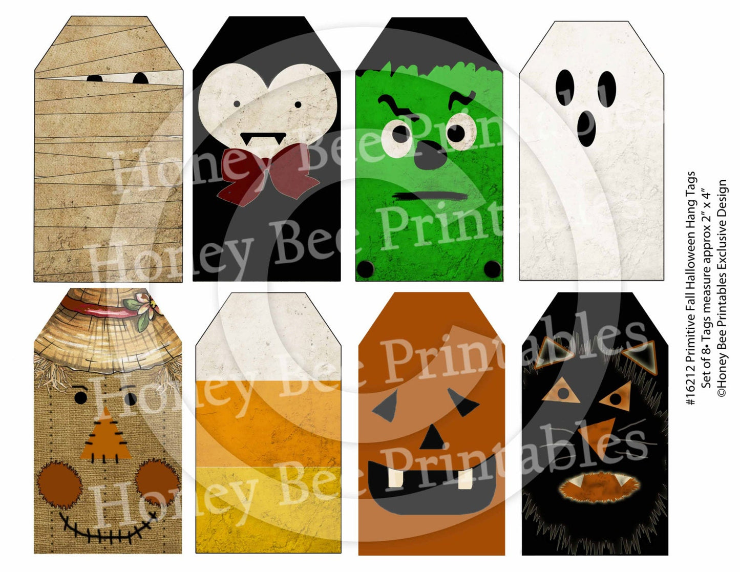 Primitive Autumn Fall Halloween Face Hang Tags Instant Folk Art - Make Do - Scrapbook -  Instant Digital Download - JPEG - U Print