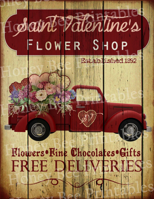 Primitive Valentine Flower Shop Old Red Truck Printable Digital Feedsack Logo JPEG Instant Download - Labels Prints Cards Tags Tavern Signs