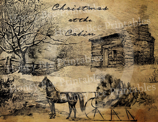 Primitive Christmas at the Cabin Printable Digital Feedsack Logo JPEG File Instant Download for Labels Prints Cards Tags Dolls Bear Make do