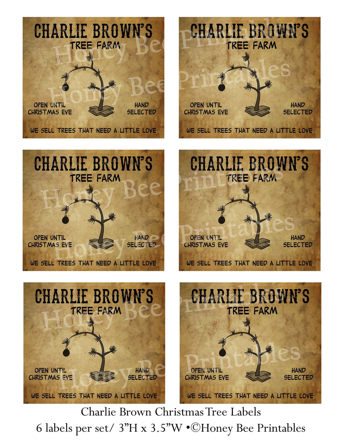 17101 Primitive Grungy Charlie Brown Christmas Tree Labels Printable Digital JPEG Instant Download