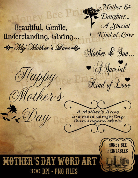 Mother's Day Digital Scrapbook Word Art Clip Art & Card Making - Typography Overlays - Instant Download - PNG