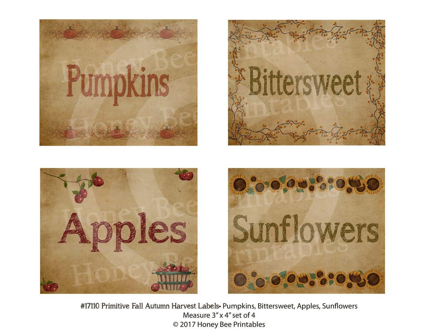 Primitive Harvest Fall Autumn Bittersweet Apples Sunflowers Pumpkins Labels 17110-Instant Printable Digital JPEG File For Jars Cans Bottles