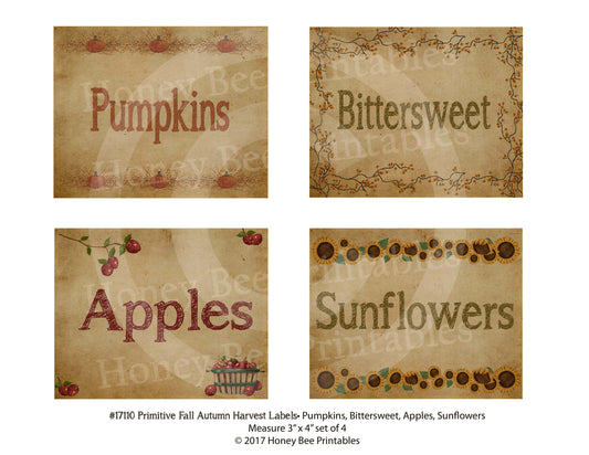Primitive Harvest Fall Autumn Bittersweet Apples Sunflowers Pumpkins Labels 17110-Instant Printable Digital JPEG File For Jars Cans Bottles