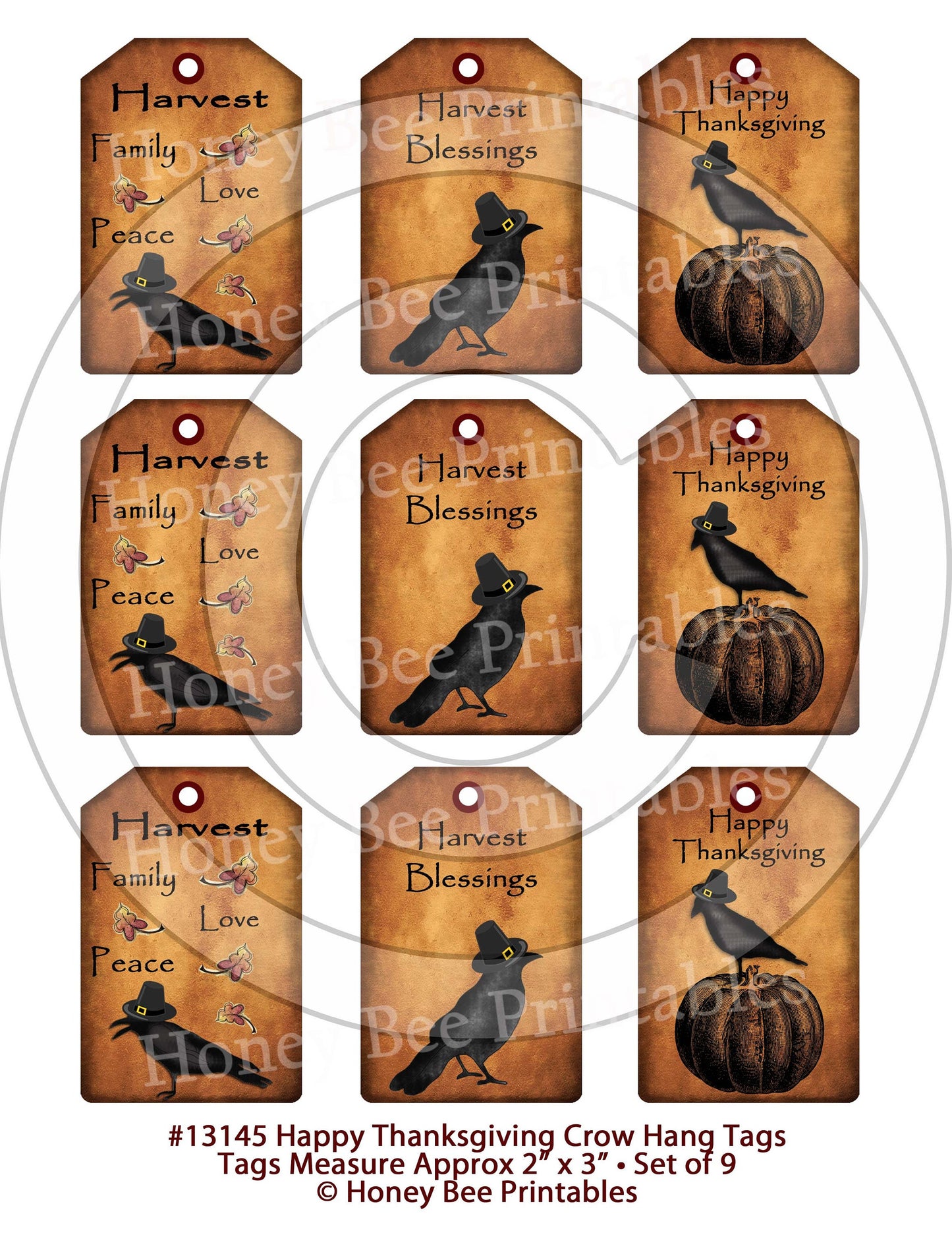 Primitive Happy Thanksgiving Crow Pilgrim Hang Tags 13145 2x3 Set/9 Printable Digital JPEG File Download Uses Dolls Bears Gifts Scrapbooking