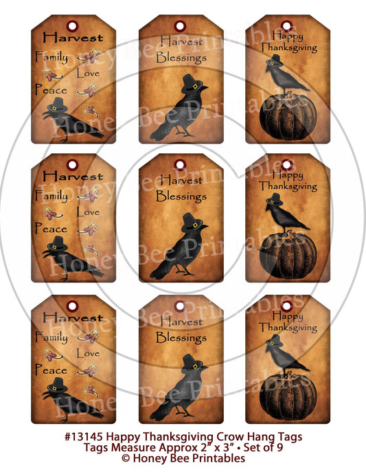 Primitive Happy Thanksgiving Crow Pilgrim Hang Tags 13145 2x3 Set/9 Printable Digital JPEG File Download Uses Dolls Bears Gifts Scrapbooking