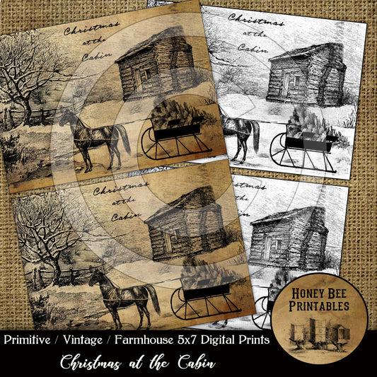 Primitive Christmas at the Cabin Feedsack Logo Printable Digital Download JPEG - 2 5x7s Tea stain/White Background Uses: Tags, Cards, Labels