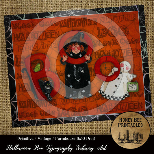Primitive Vintage Printable Instant Download JPEG 8x10 - Card Making -  Frame It - Pillows Labels Tags - Halloween BOO Typography Subway Art