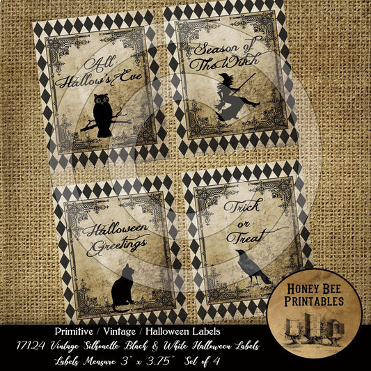 Primitive Vintage Grungy Style Printable Digital JPEG File-Download 17124 Halloween Silhouette Owl Witch Black Cat Crow Labels For Jars Cans