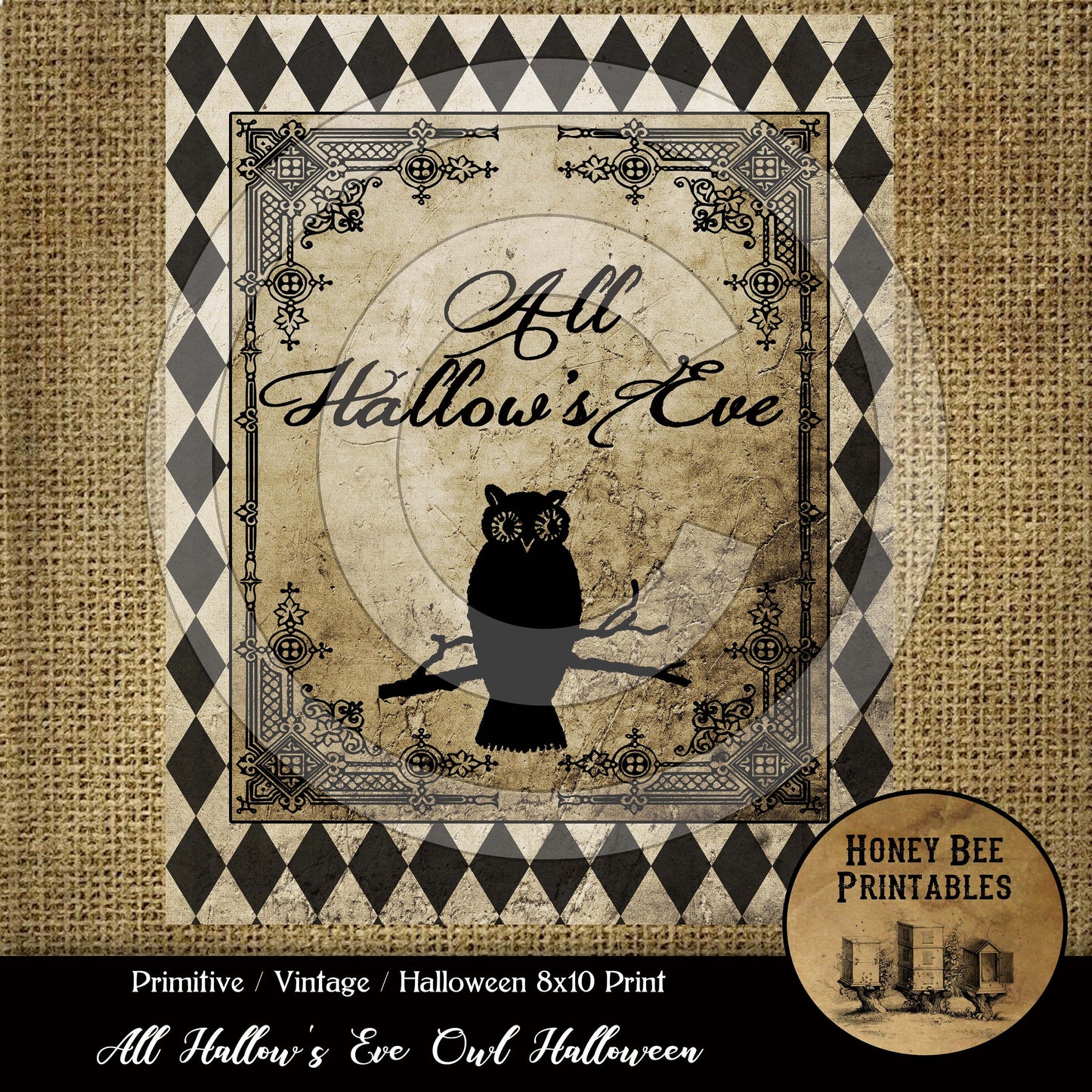 Primitive Vintage Printable Instant Download JPEG 8x10 - Card Making -  Frame It - Pillows Labels Tags - Halloween Owl All Hallow's Eve