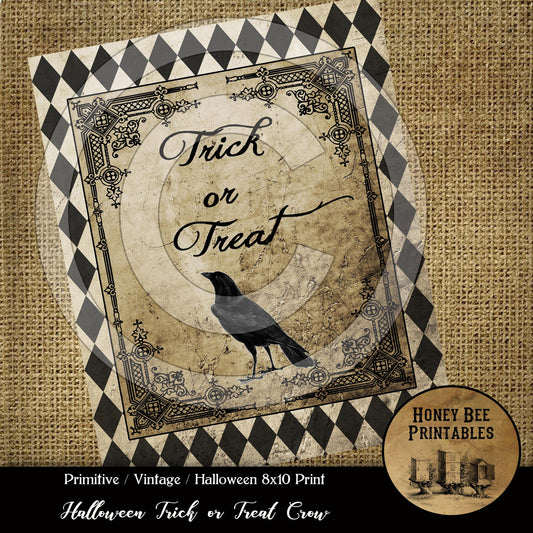 Primitive Vintage Printable Instant Download JPEG 8x10 - Card Making -  Frame It - Pillows Labels Tags - Halloween Trick or Treat Crow