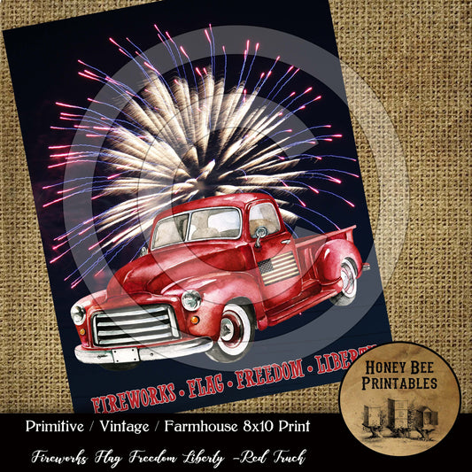 Primitive Fireworks Freedom Flag Liberty  Red Truck - 8x10 Instant Folk Art - Card Making - Digital  Instant Download - JPEG - U Print