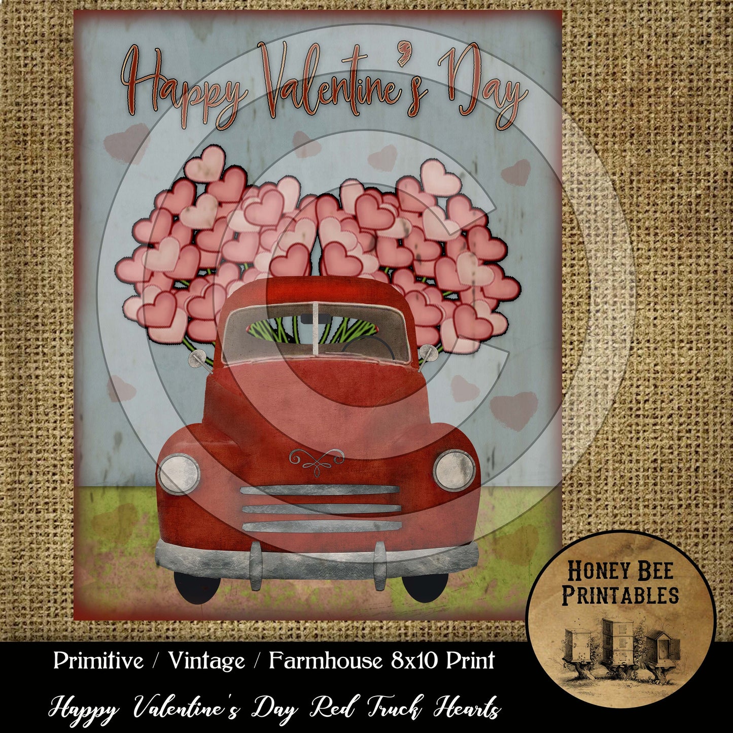 Primitive Vintage Farmhouse Printable Instant Download JPEG 8x10 - Valentine Red Truck Hearts Balloons- Card Making - Frame It - Labels Tags