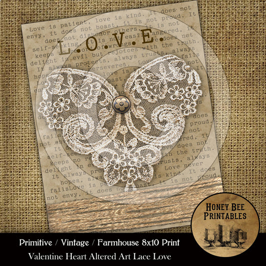 Primitive Vintage Farmhouse Printable Instant Download JPEG 8x10 - Valentine Heart Lace Altered Art- Card Making - Frame It - Labels Tags