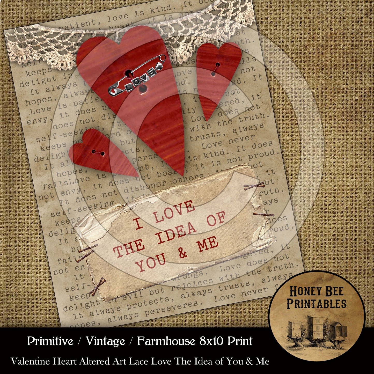Primitive Vintage Farmhouse Printable Instant Download JPEG 8x10 Valentine Heart I love Idea of You & Me Altered Art Card Making  Labels Tag