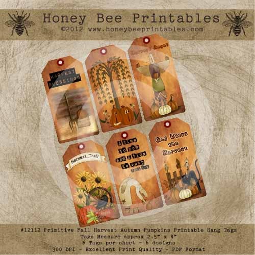Printable Primitive Fall Autumn Harvest Pumpkins Hang Gift Bag Tags / Digital Download JPEG File- U Print DIY OFG