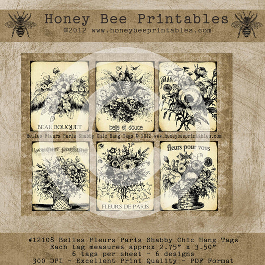 Belles Fleurs Paris Shabby Chic Printable Hang Tags / Digital Download JPEG File- DIY U Print -OFG