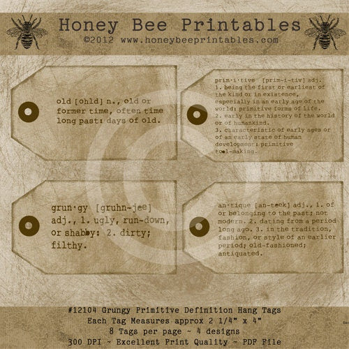 Primitive Grungy Definition Printable Hang Tags / Digital Download JPGE File- U Print DIY - OFG