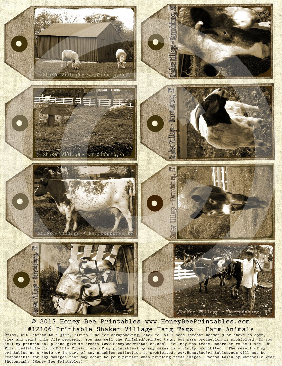 Primitive Grungy Shaker Village Harrodsbury Kentucky Farm Animals Printable Hang Gift Tags / -- Digital Download JPEG File- DIY U Print OFG