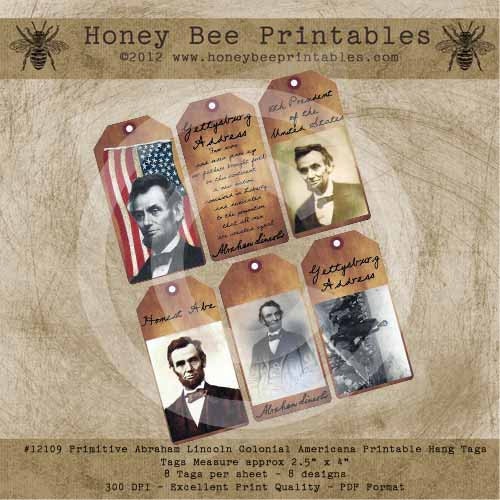 Printable Primitive Abraham Lincoln Colonial Americana Civil War Hang Gift Bag Tags / Digital Jpeg File- OFG