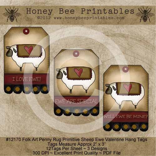 Printable Folk Art Primitive Valentine Sheep Ewe Hang Gift Tags / Digital Download