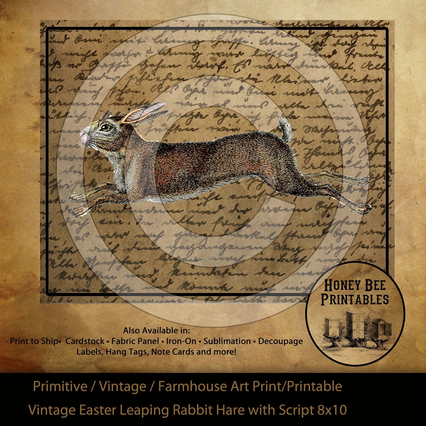 Primitive Farmhouse Vintage Leaping Rabbit Hare Easter Print Digital Instant Download Printable Sublimation