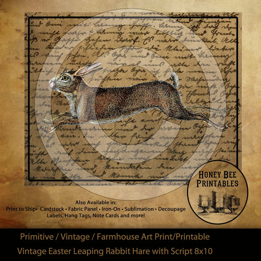 Primitive Farmhouse Vintage Leaping Rabbit Hare Easter Print Digital Instant Download Printable Sublimation