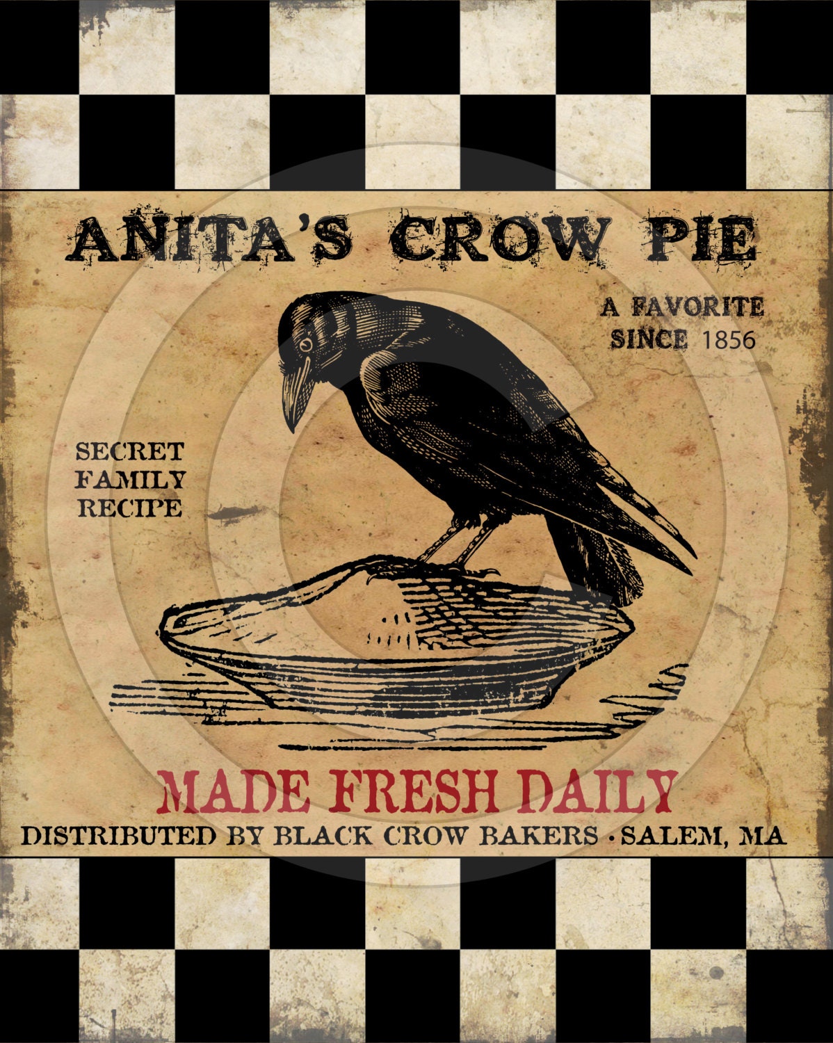 Primitive Crow Pie Raven-Printable Digital Feedsack Logo JPEG File-Instant Download-Uses: Pillows, Dolls,Bears,Framed Prints,Labels