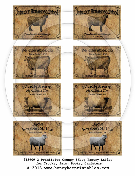 Primitive Sheep Kitchen Pantry Farmhouse Labels-Printable Digital JPEG - Instant Download - 12909-2 Jars, crock, crates, books, journals,etc