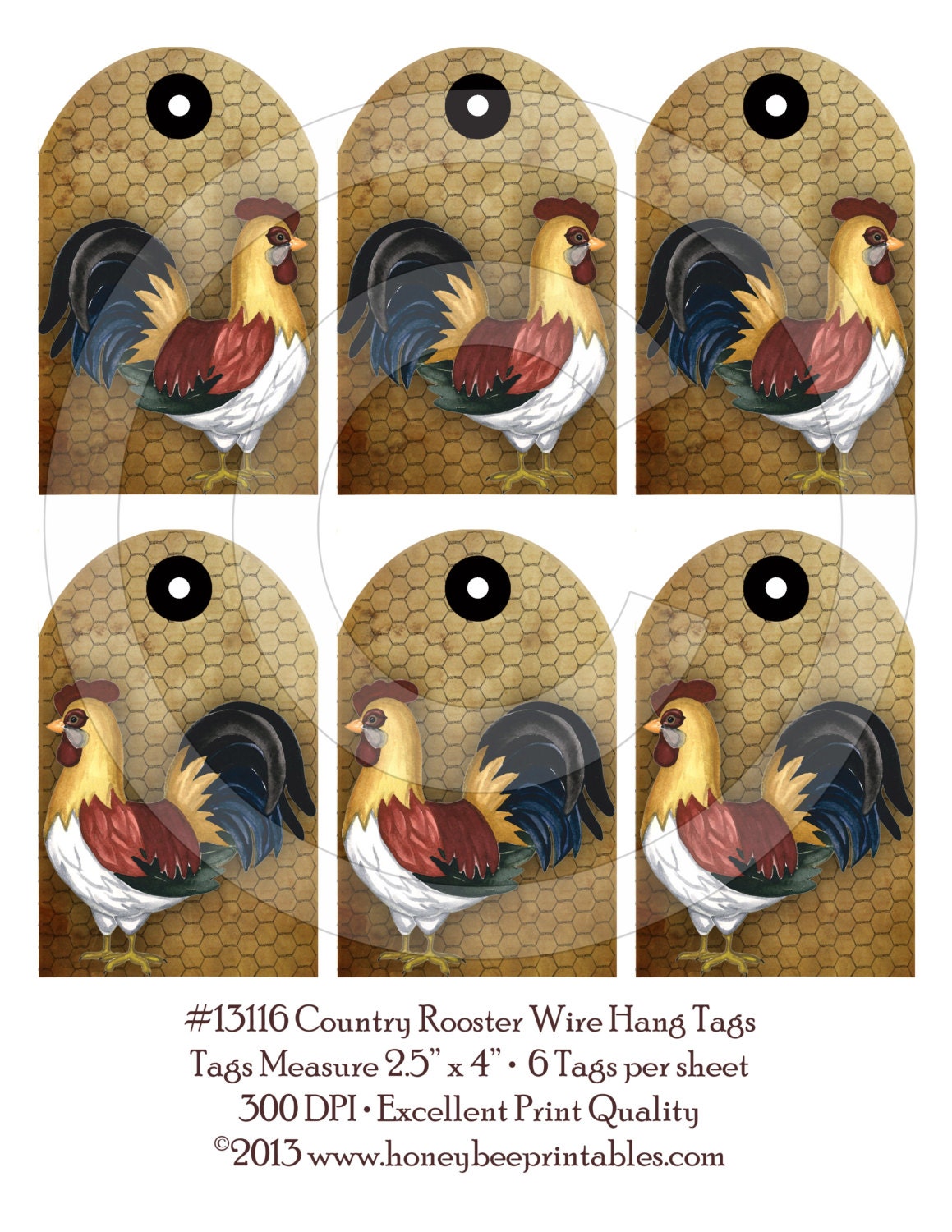 Primitive Country Rooster Chicken Wire  Hang Tags 13116 -Printable Digital JPEG File-Instant Download-Use 4 Dolls Bears Gifts Scrapbooking