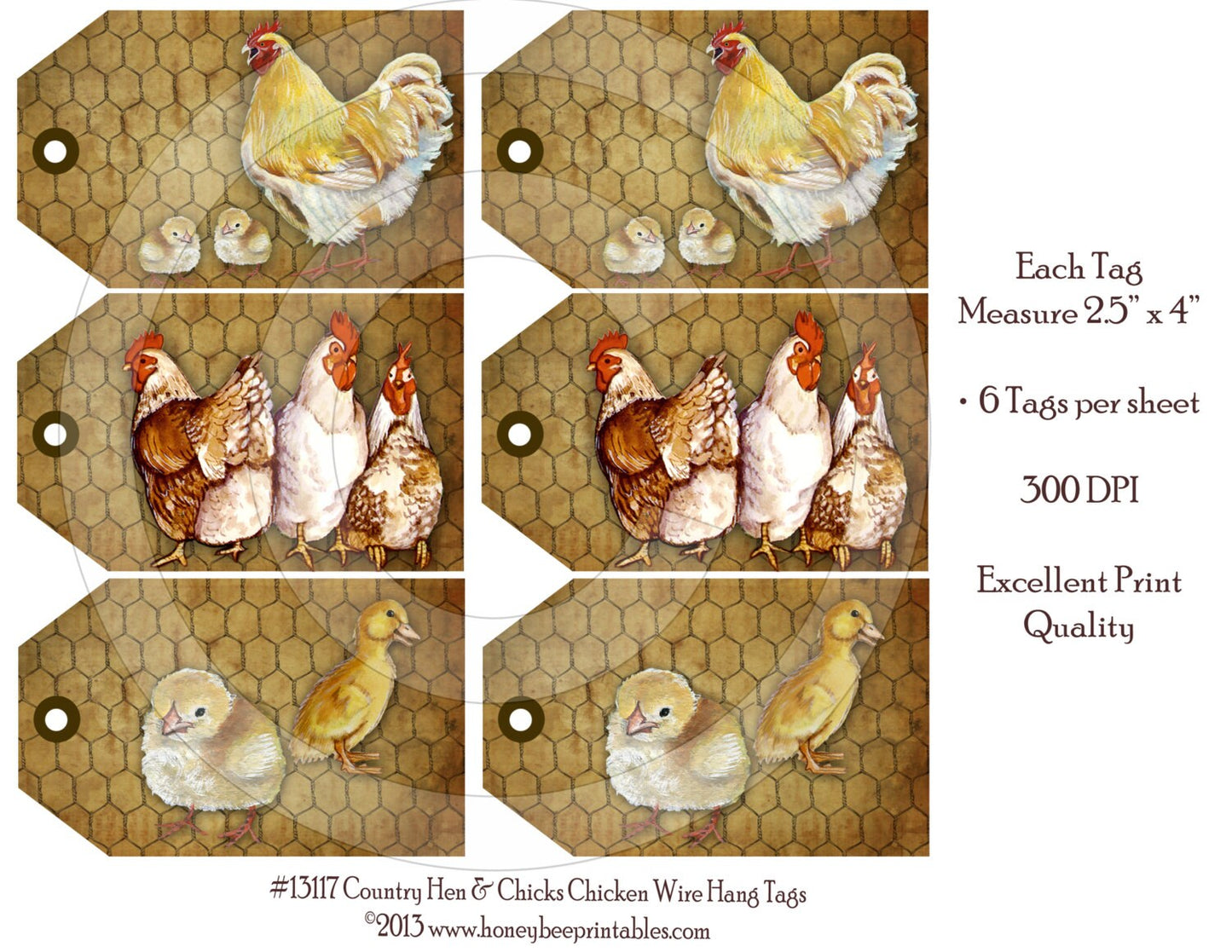 Country Hen & Chicks Chicken Wire  Hang Tags 13117 -Printable Digital JPEG File-Instant Download-Use 4 Dolls Bears Gifts Scrapbooking