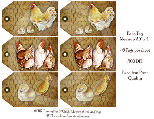 Country Hen & Chicks Chicken Wire  Hang Tags 13117 -Printable Digital JPEG File-Instant Download-Use 4 Dolls Bears Gifts Scrapbooking