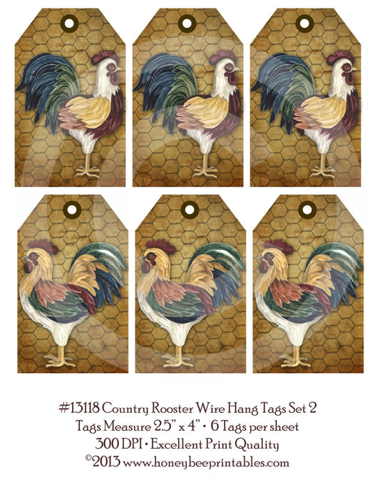 Country Rooster Chicken Wire  Set 2 Hang Tags 13118 -Printable Digital JPEG File-Instant Download-Use 4 Dolls Bears Gifts Scrapbooking