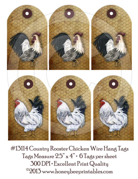 Primitive Rooster Chicken Wire Hang Tags 13114 -Printable Digital JPEG File-Instant Download-Use for Dolls,Bears,Gift Bags, Scrapbooking