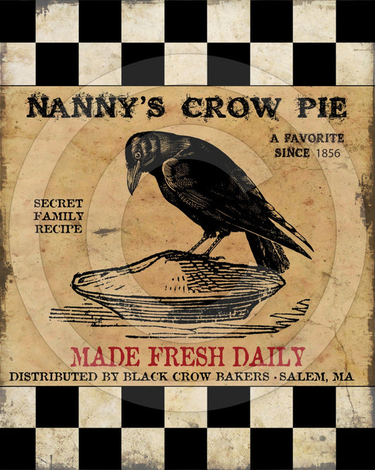 Primitive Nanny's Crow Pie Raven-Printable Digital Feedsack Logo JPEG File-Instant Download-Uses: Pillows, Dolls,Bears,Framed Prints,Labels