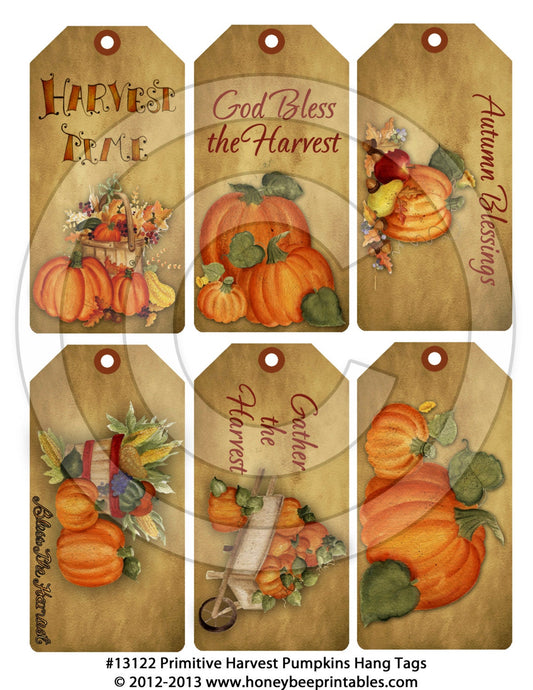 Primitive Harvest Autumn Fall Pumpkin Hang Tags 13122 -Printable Digital JPEG File-Instant Download-Use 4 Dolls Bears Gifts Scrapbooking