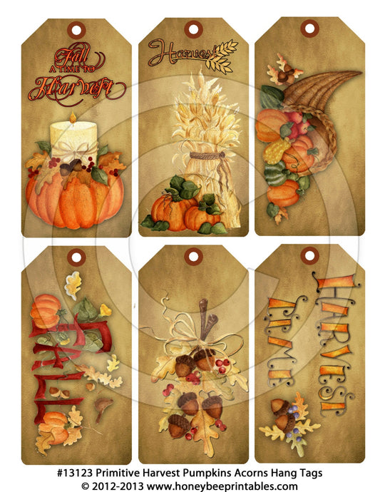 Primitive Harvest Autumn Fall Pumpkin Acorn Hang Tags 13123 Printable Digital JPEG File Instant Download Uses Dolls Bears Gifts Scrapbooking