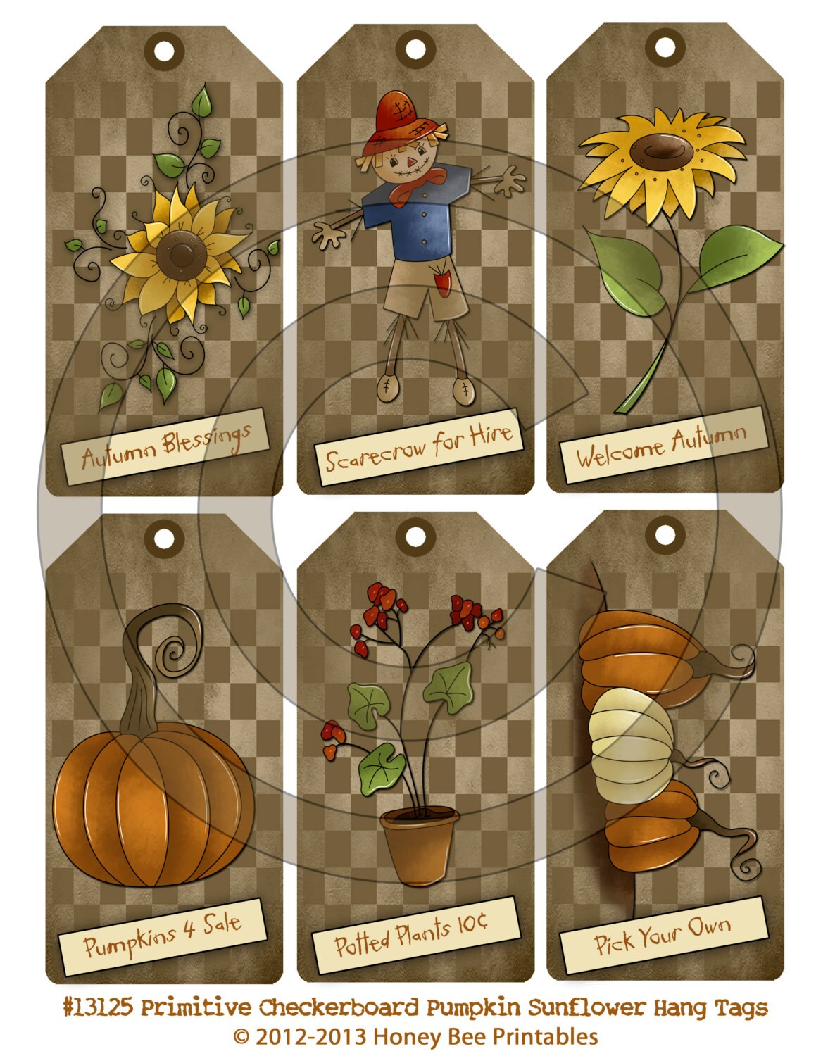 Primitive Harvest Autumn Checkerboard Hang Tags 13125 Printable Digital JPEG File Instant Download Uses Dolls Bears Gifts Scrapbooking