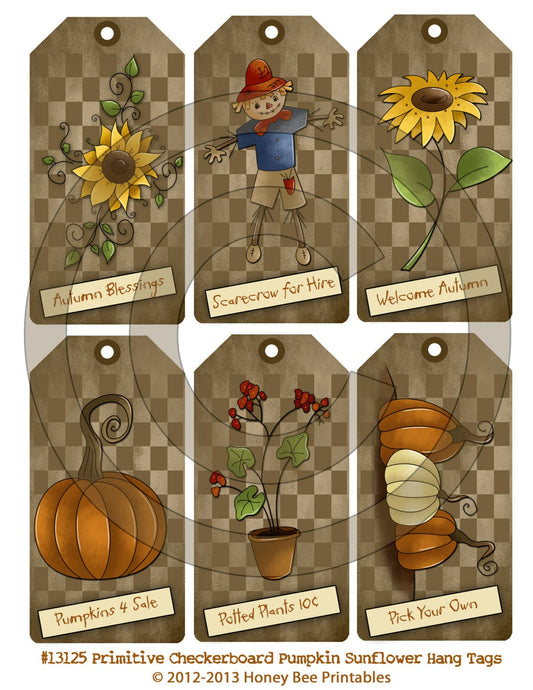Primitive Harvest Autumn Checkerboard Hang Tags 13125 Printable Digital JPEG File Instant Download Uses Dolls Bears Gifts Scrapbooking