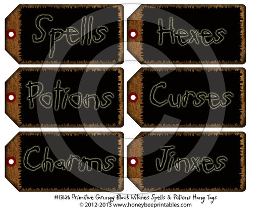 Prim Halloween Grungy Black Witch Spells Potions Hang Tags 13126 Printable Digital JPEG Instant Download Uses Dolls Bears Gifts Scrapbooking