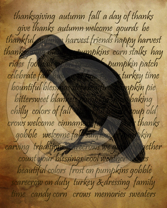 Crow Autumn Halloween Fall Typography-Printable Digital Feedsack Logo JPEG File-Instant Download-Use for Pillows,Bears,Framed Prints,Labels