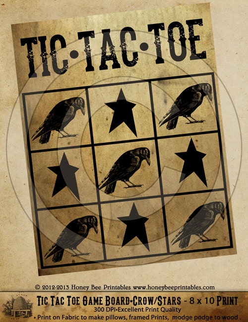 Game Board Tic Tac Toe Crow Stars Prim-Printable Digital Feedsack Logo JPEG File-Instant Download-Use for Pillows,Bears,Framed Prints,Labels